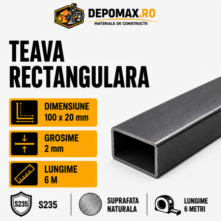 Teava rectangulara 100 x 20 x 2 mm, 6 metri